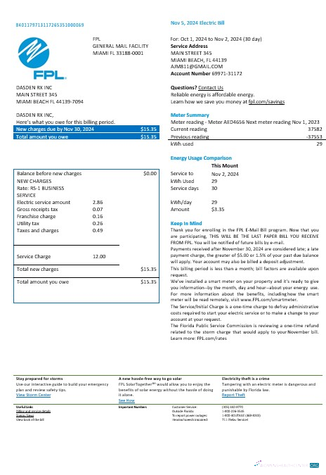 USA Florida FPL electricity business utility bill Word and PDF formats, version 2